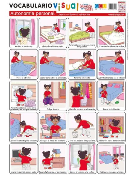 Lámina de vocabulario visual. Autonomía personal: Limpio y ordeno mi habitación
