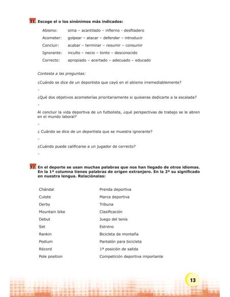 Palabras. Expresión y vocabulario · Nivel 2. Cuaderno 8: Los deportes y el juego