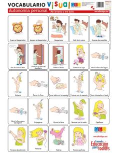 Lámina de vocabulario visual. Autonomía personal: Me levanto y me baño
