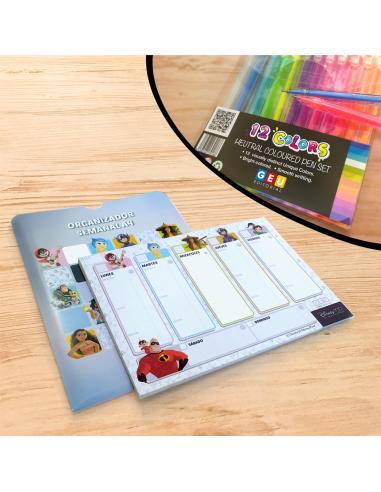 Kit planificador semanal A4 infantil con personajes Disney + 12 bolígrafos de Gel brillante